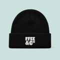 Ffee & Co black beanie hat with embroidered logo, laid flat