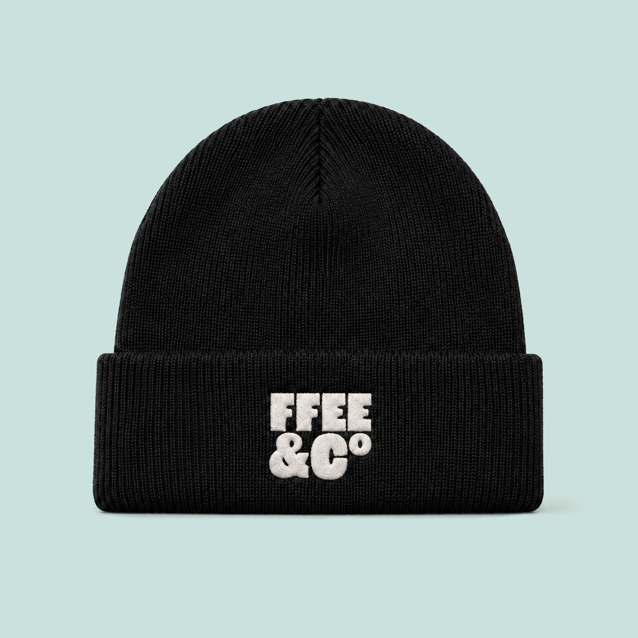 Ffee & Co black beanie hat with embroidered logo, laid flat