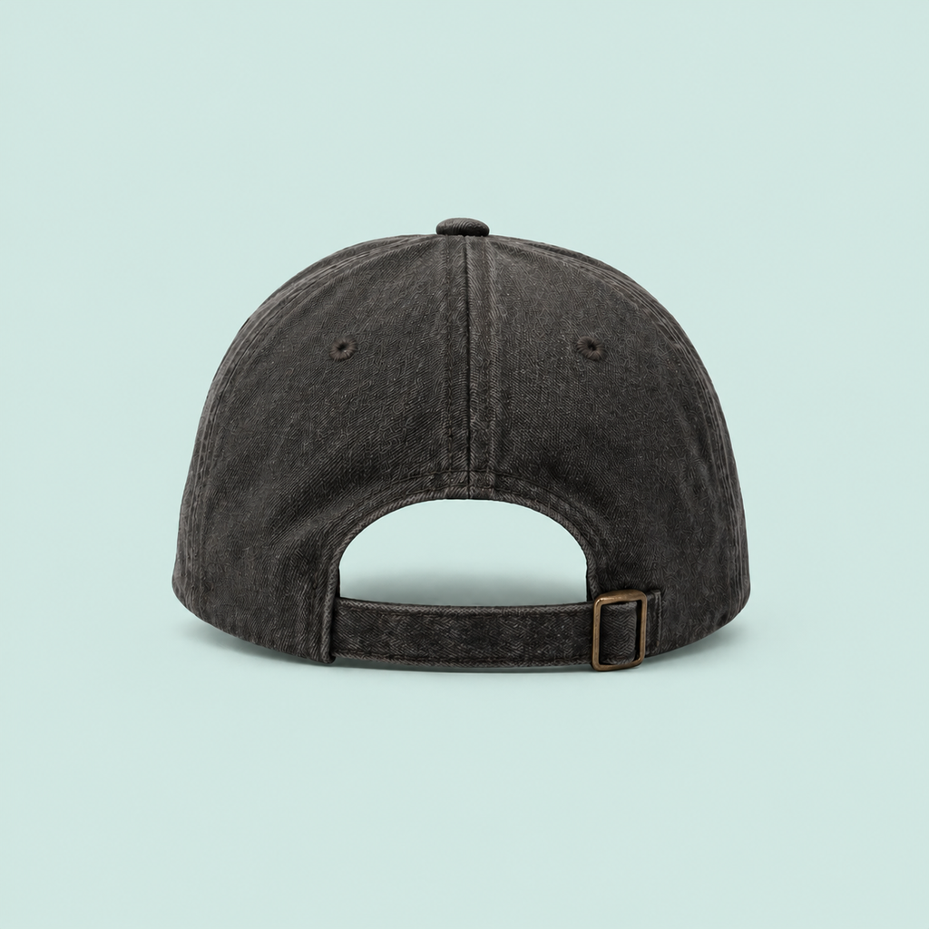 Ffee & Co washed black cap back view showing adjustable strap