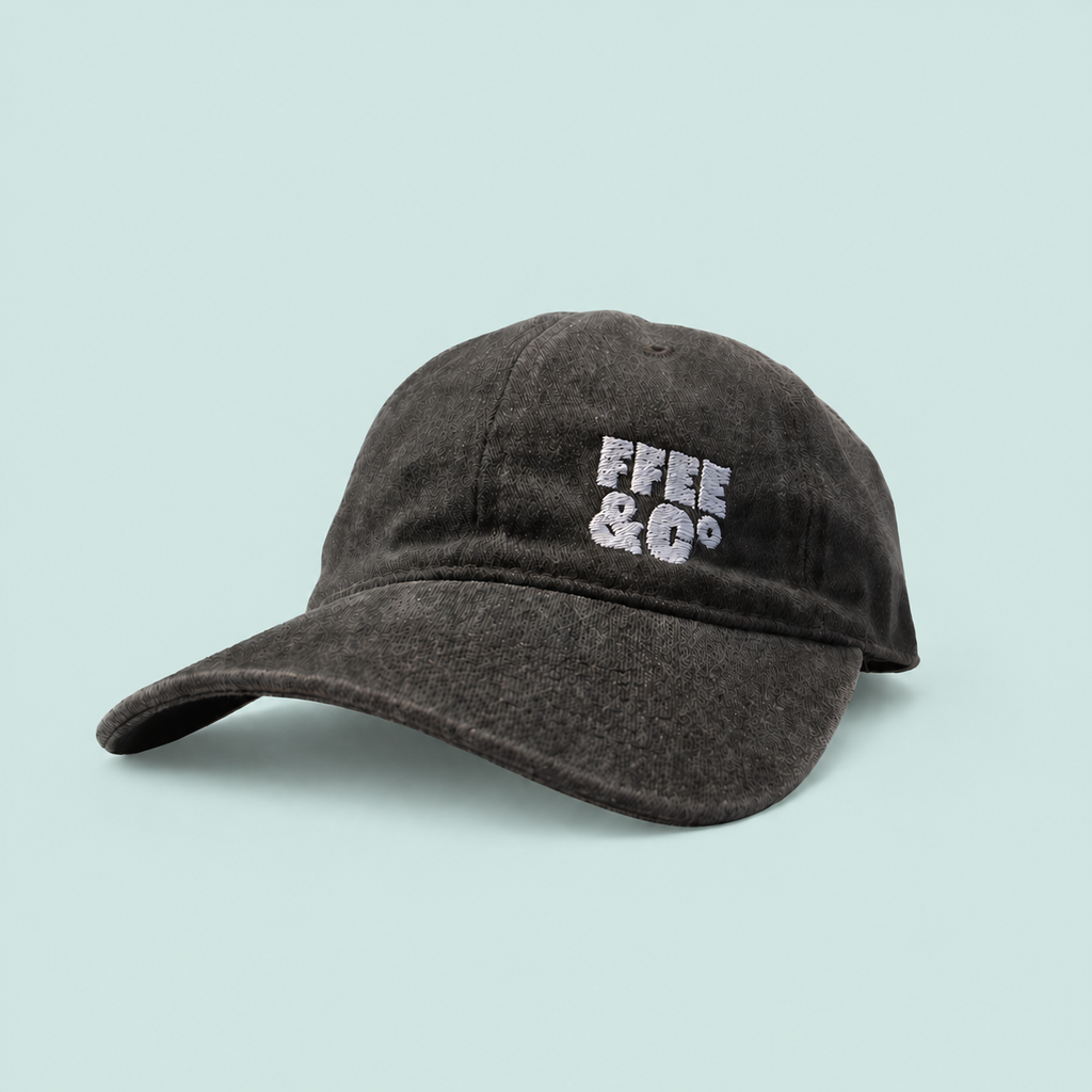 Ffee & Co washed black cap front view with embroidered logo