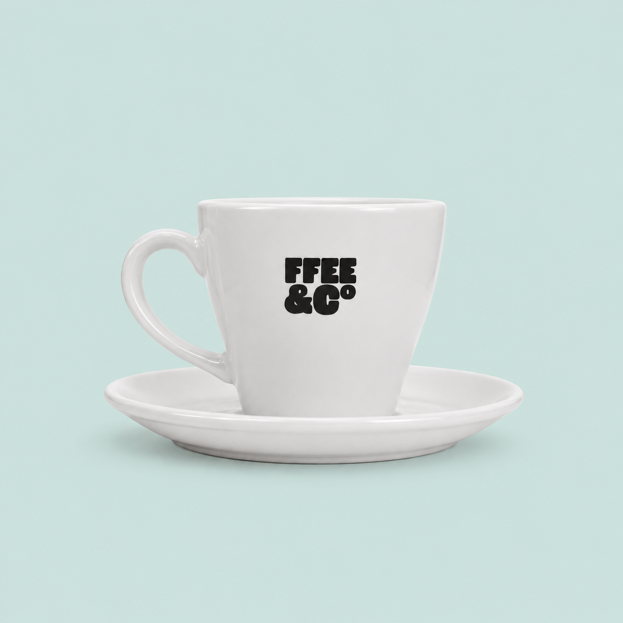 Ffee & Co flat white cup and saucer, 6oz ceramic, white with branded detail