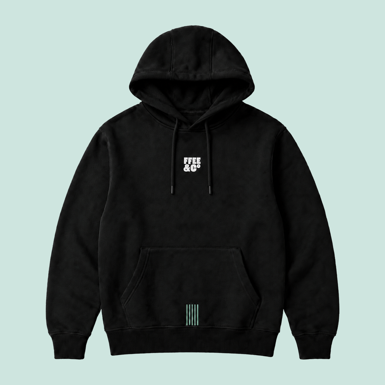Ffee & Co black stripe hoodie front view with chest graphic