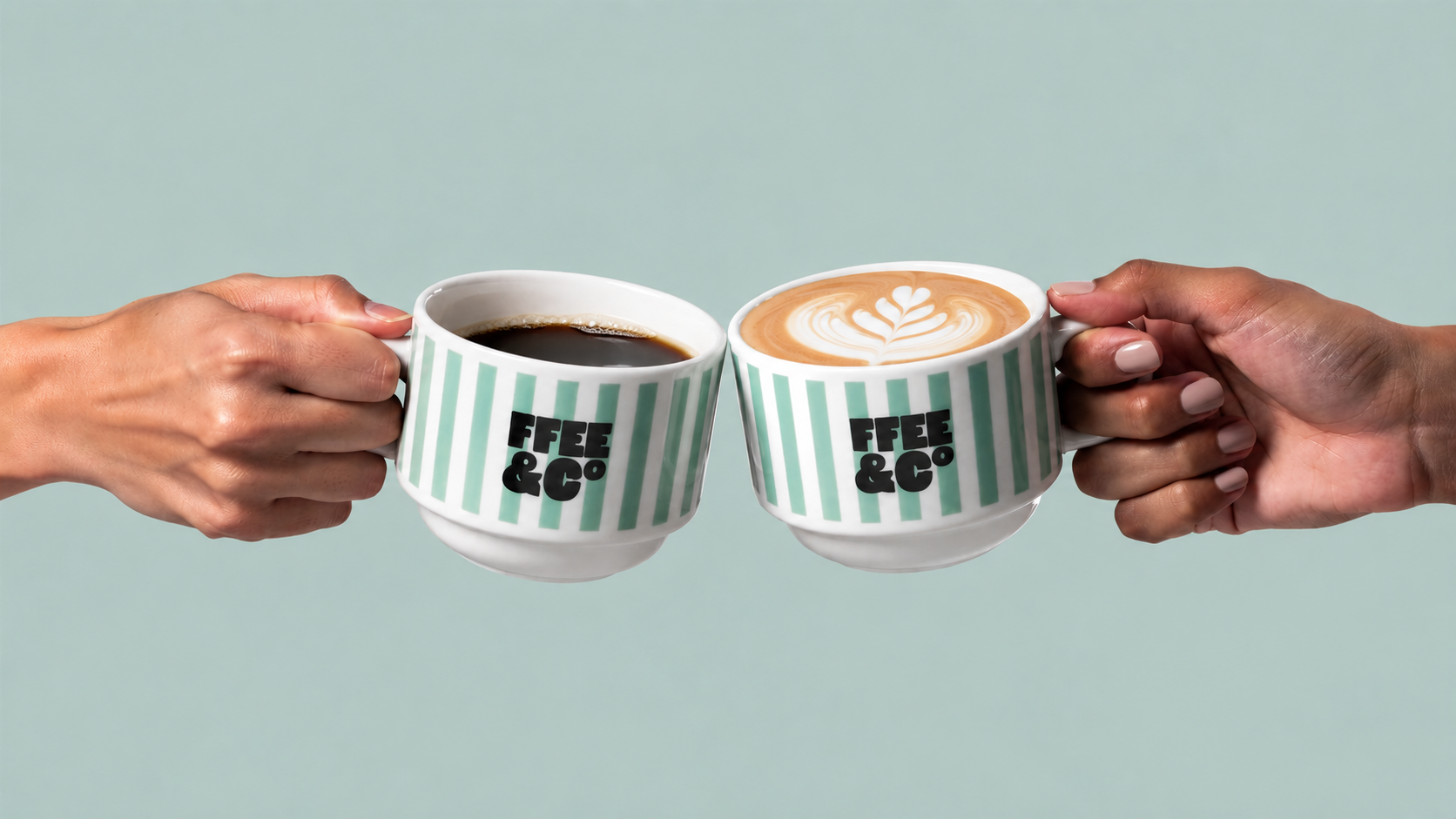 Two hands holding striped coffee cups with Ffee & Co branding against a light green background.