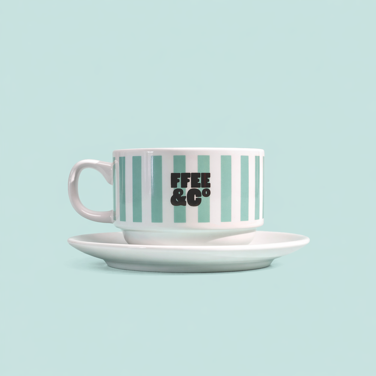 Ffee & Co retro stacking coffee cup with saucer, showing stripe detail
