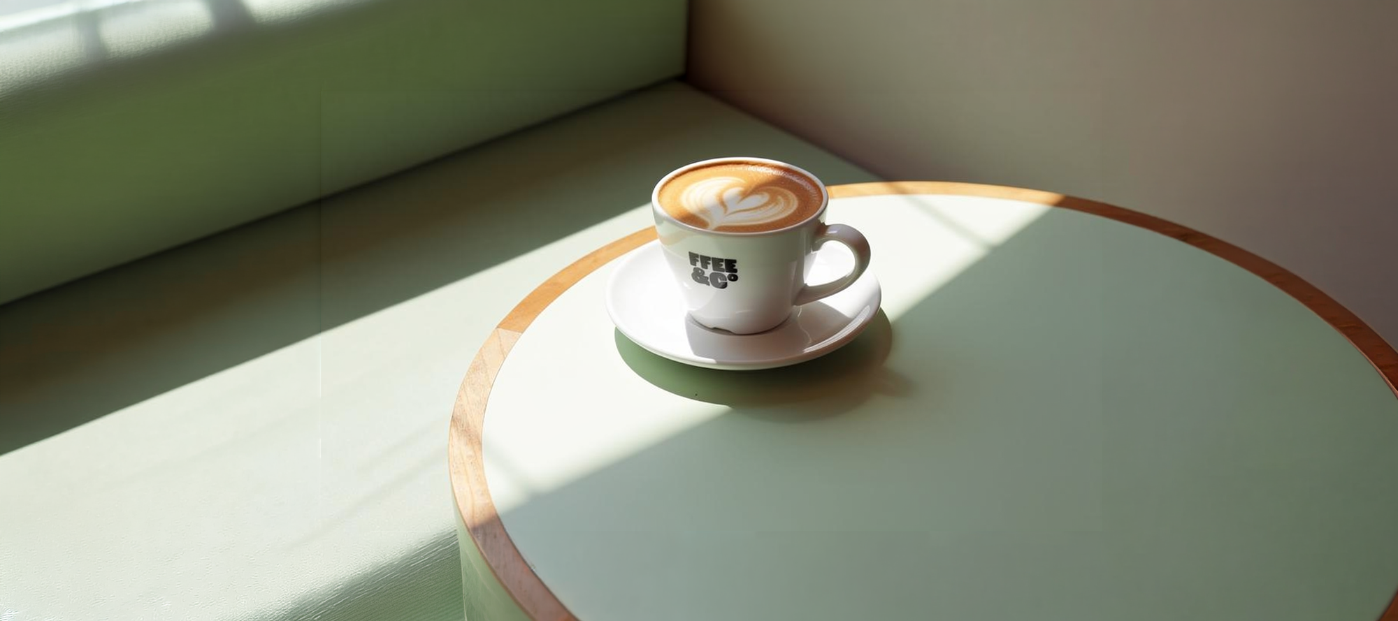 Cappuccino in a white cup with a Ffee & Co logo on a saucer, placed on a light green surface with a soft shadow.