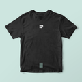 Ffee & Co black stripe T-shirt with white logo graphic, front view