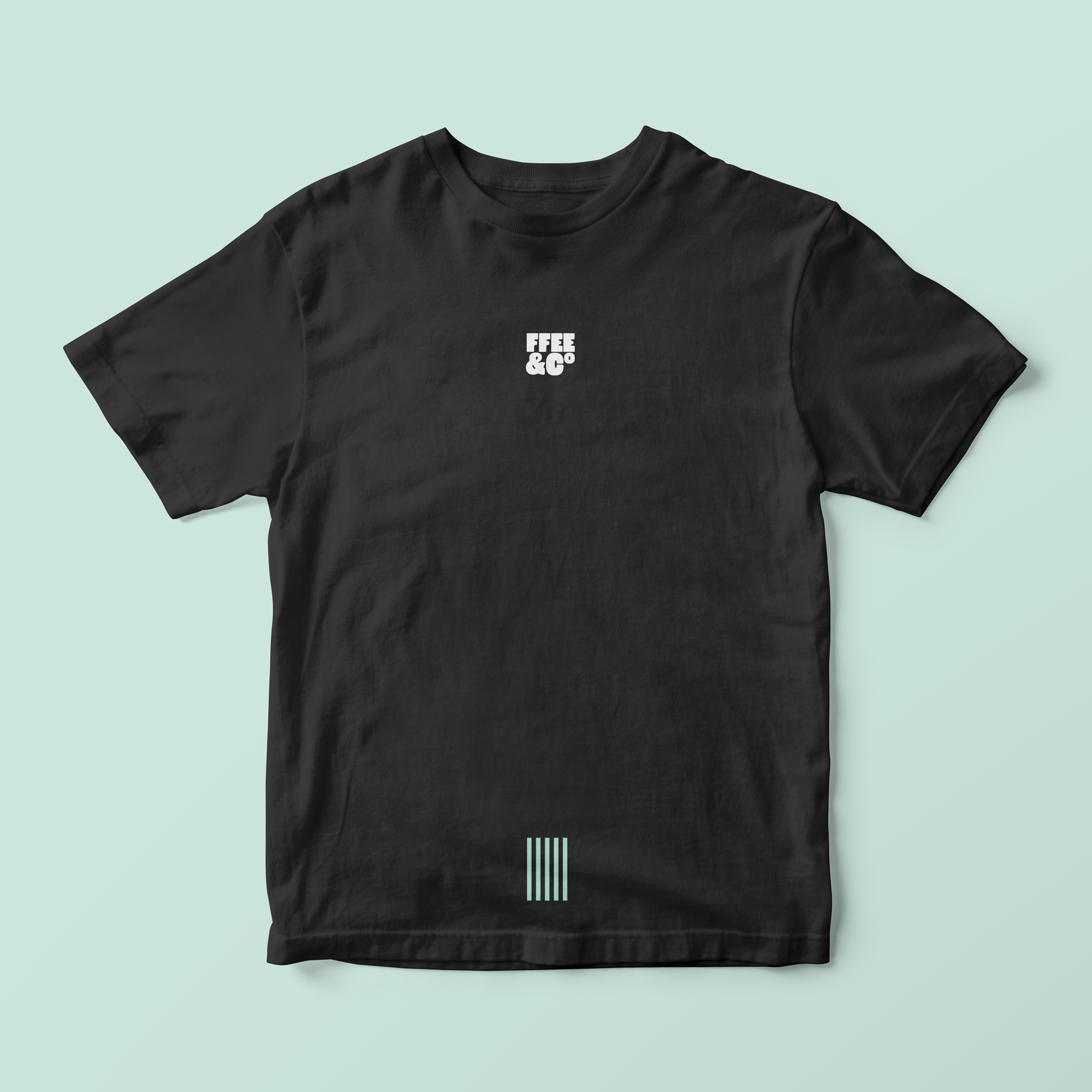 Ffee & Co black stripe T-shirt with white logo graphic, front view