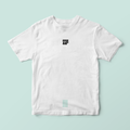 Ffee & Co white stripe T-shirt with black logo graphic, front view