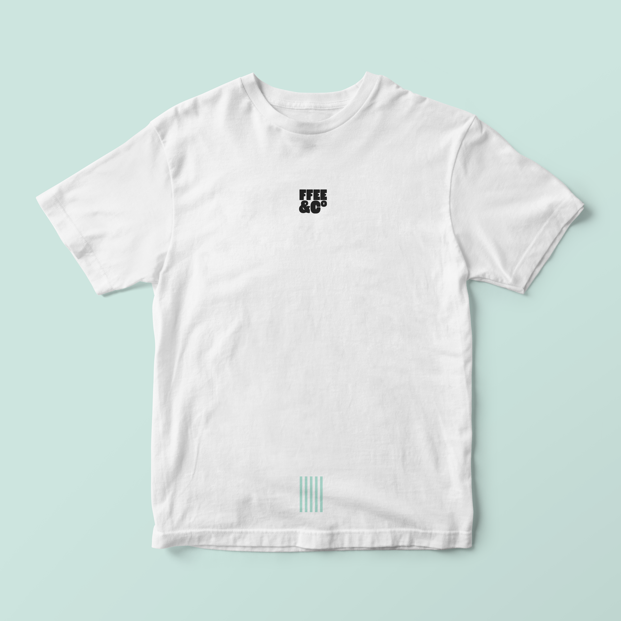 Ffee & Co white stripe T-shirt with black logo graphic, front view